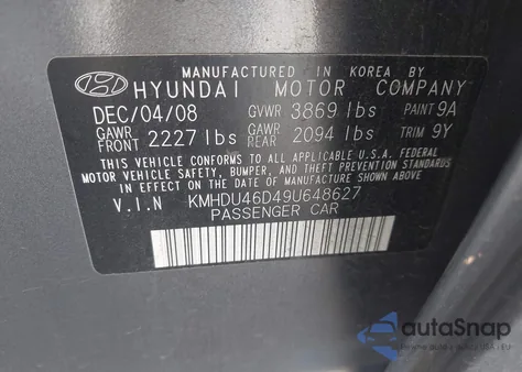 2009 Hyundai Elantra Gls из США, поврежденный, VIN KMHDU46D49U648627